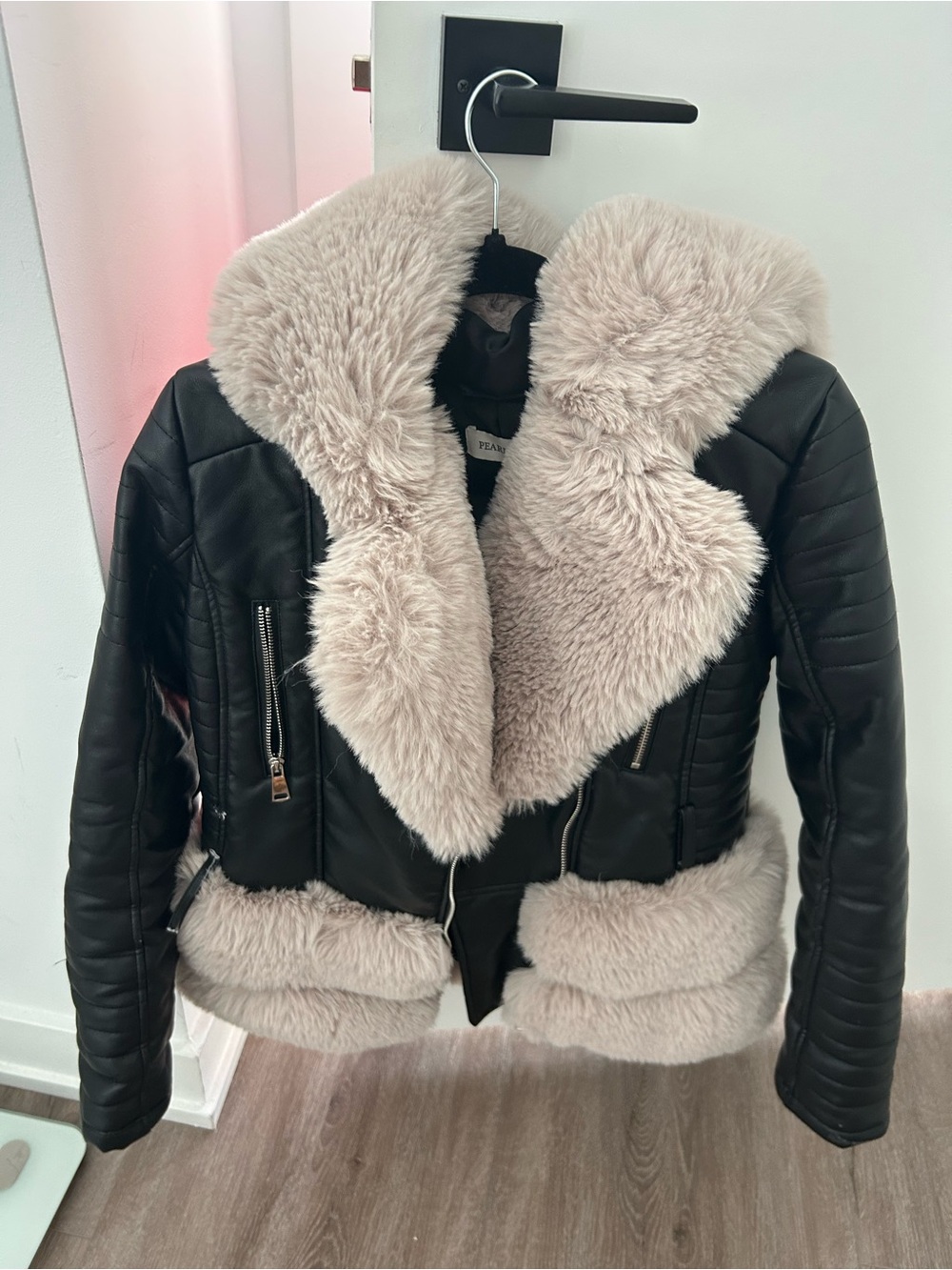 Black Faux Leather Jacket with Plush Cream Shearling Trim